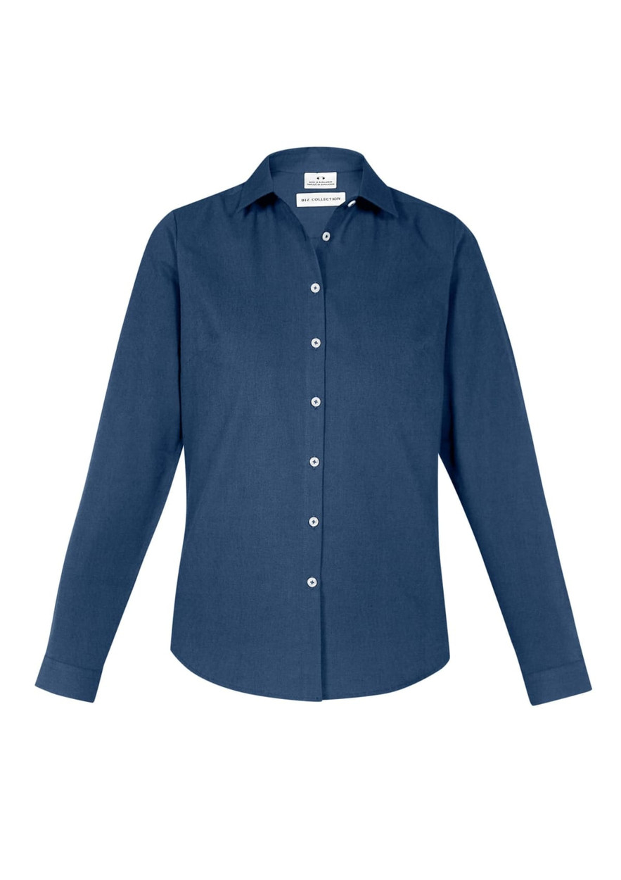 A women's long sleeve button-up shirt in dark navy blue, featuring a classic collar and buttons down the front.