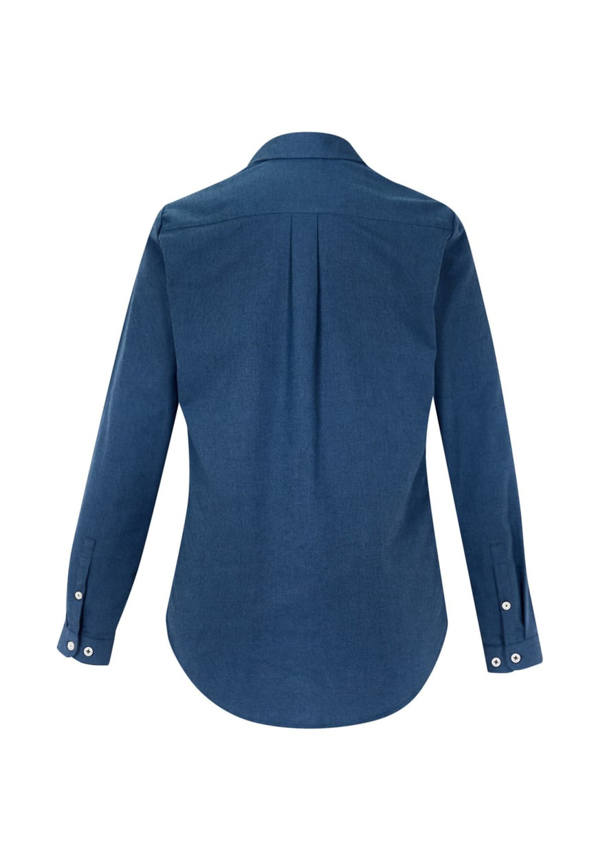 A women's long sleeve button-up shirt in a dark blue hue, featuring a back pleat and buttoned cuffs.