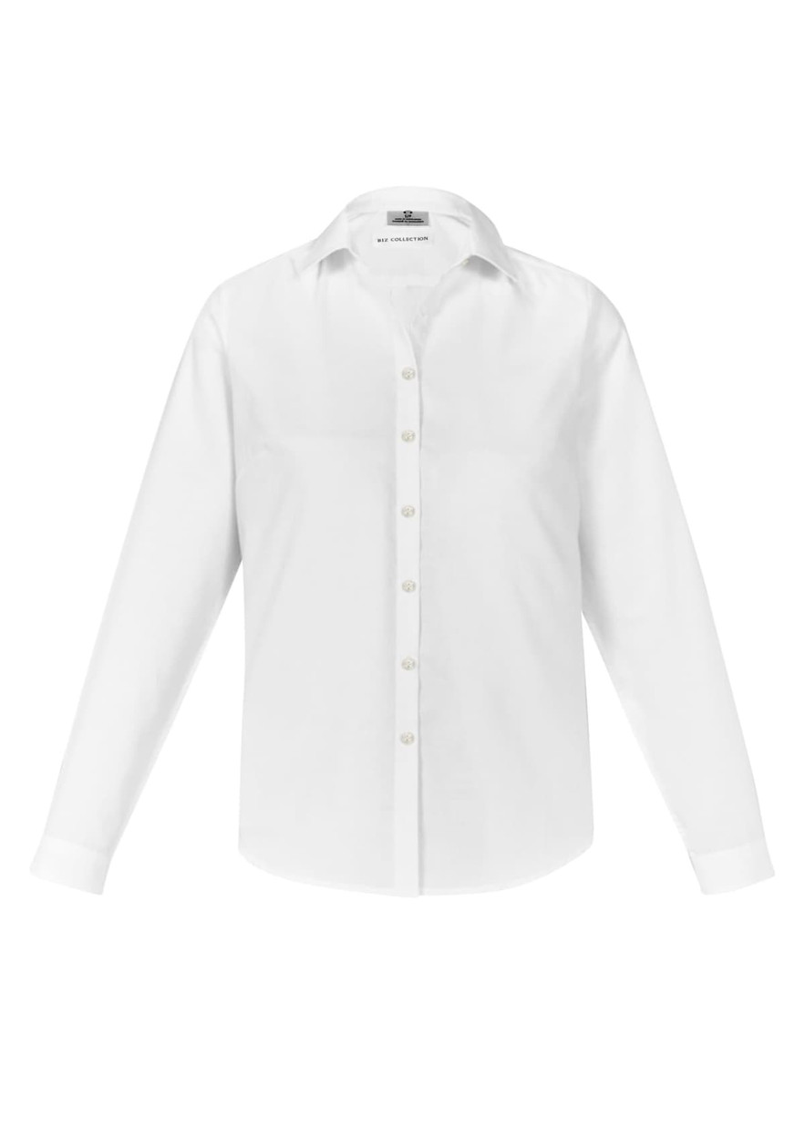 A white long sleeve button-up shirt for women featuring a collared neckline and a logo on the label.