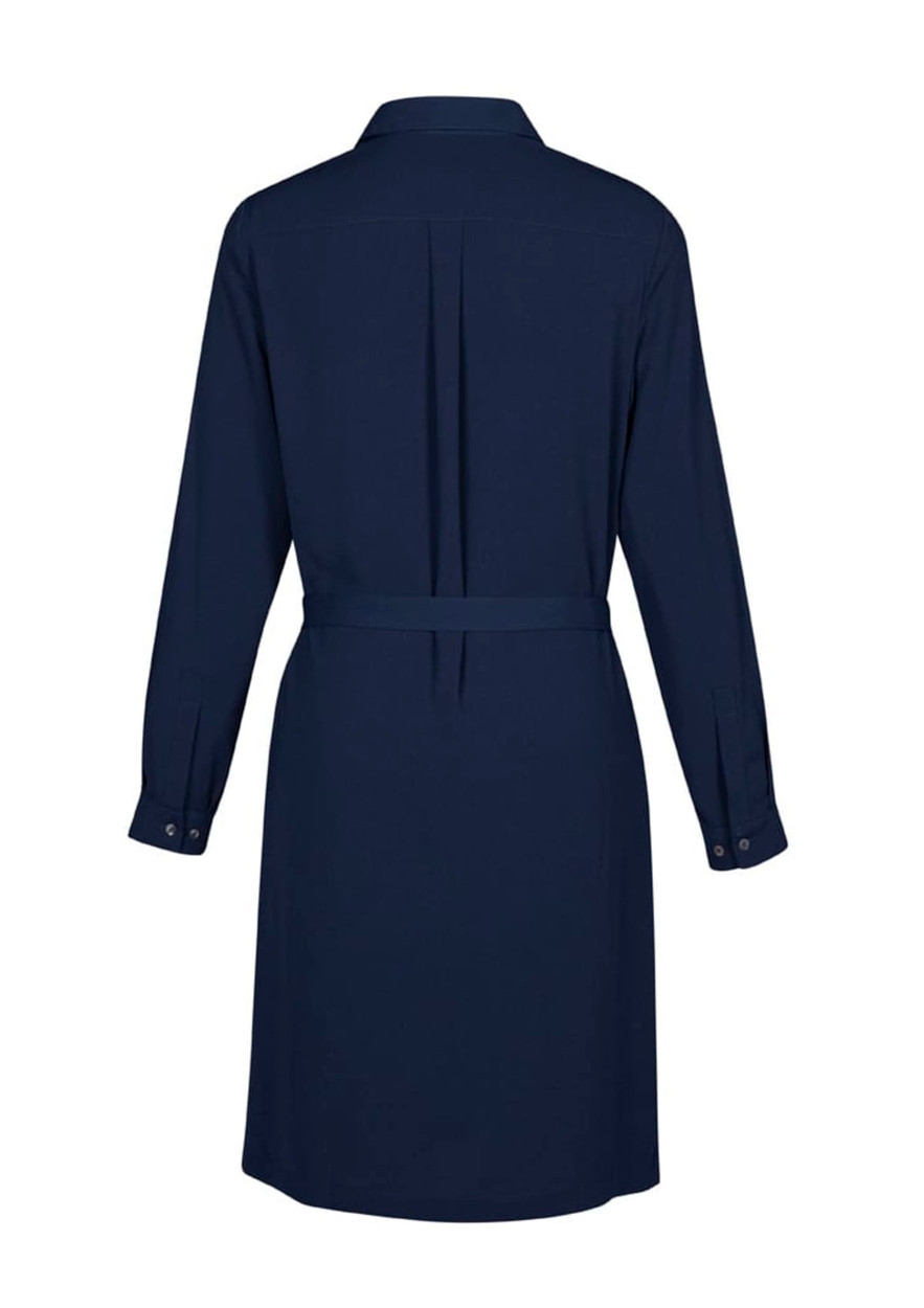 A navy dress with a collared neckline, long sleeves, and a belted waist, featuring a pleated back detail.