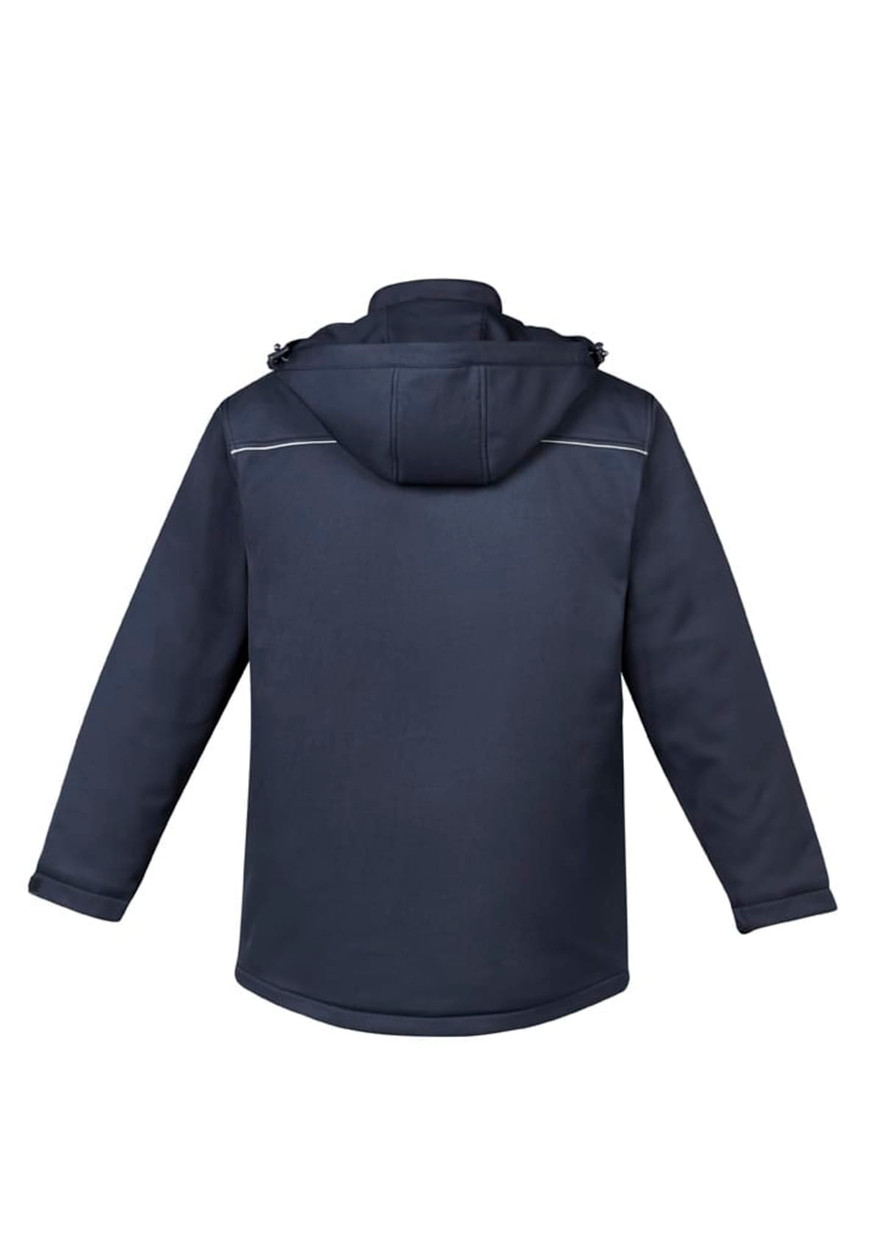 A navy unisex softshell jacket with a hood and reflective detailing on the back. It features a logo.