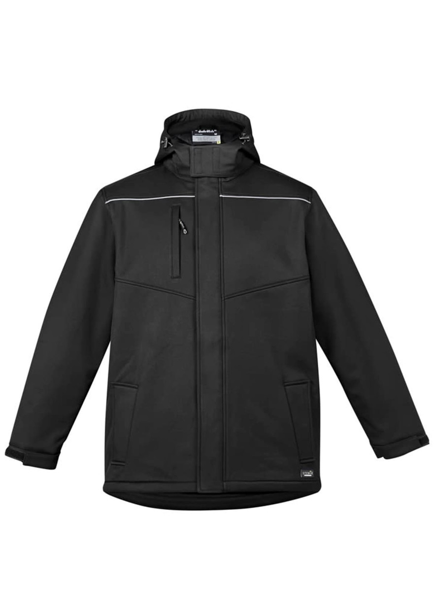 A black unisex softshell jacket featuring a hood and zip pockets, with a subtle logo. Ideal for cold weather.
