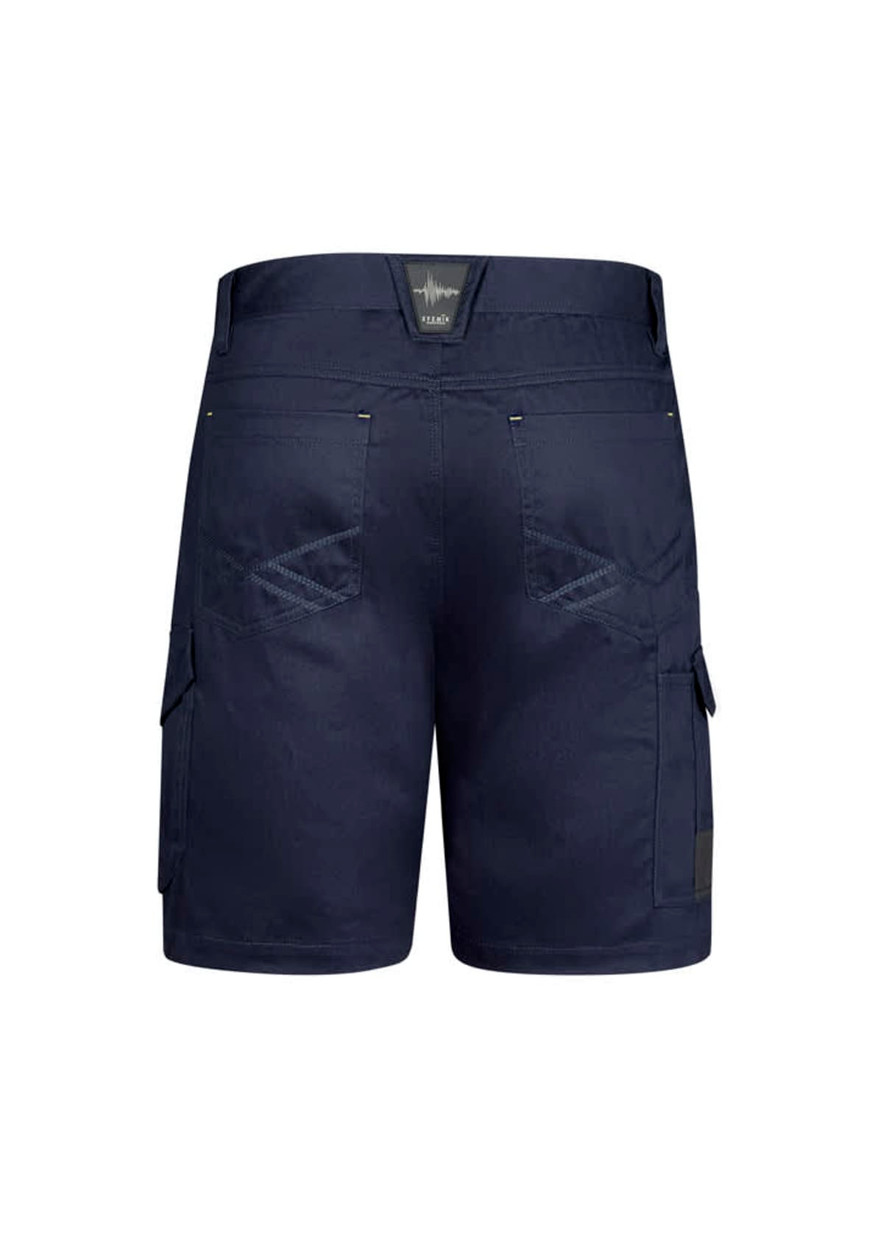 Men's navy cargo shorts featuring multiple pockets and a logo, designed for summer wear.