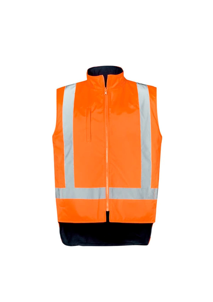 An orange waterproof jacket featuring reflective stripes and a zip closure, designed for high visibility workwear.