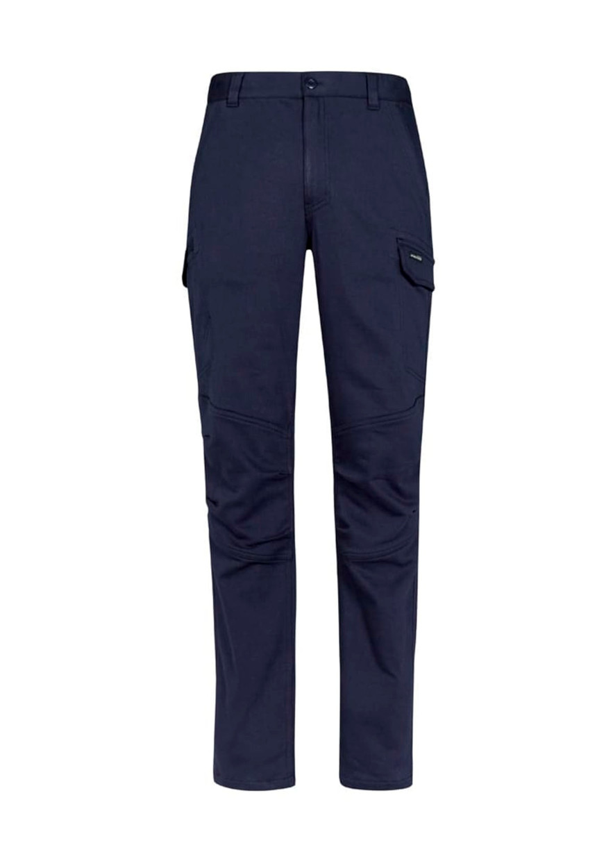 Navy work pants featuring cargo pockets and a fitted design, showcasing a logo on the front.