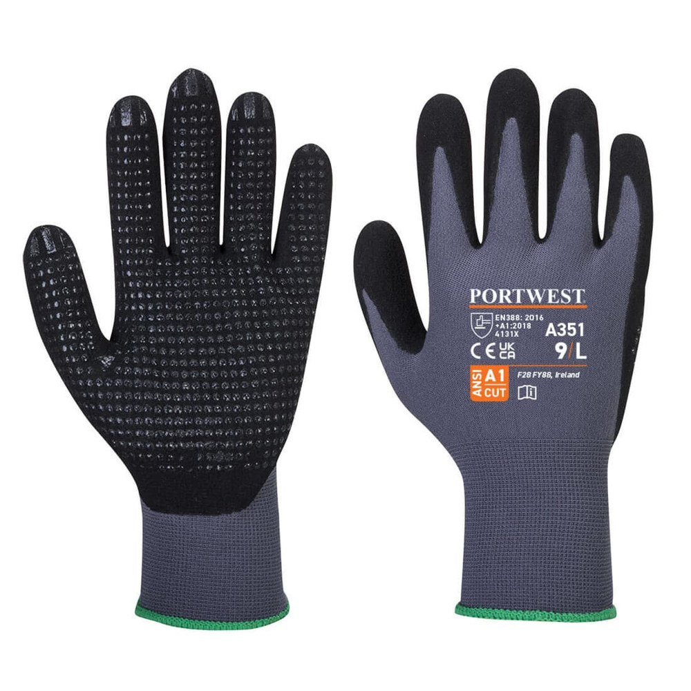 A pair of grey gloves with a black textured grip, featuring a green cuff and a logo on the wrist area.