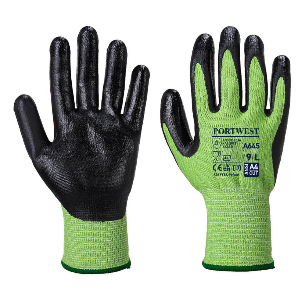 A pair of gloves featuring a black nitrile foam coating and a green knitted wrist, with a logo present on the cuff.