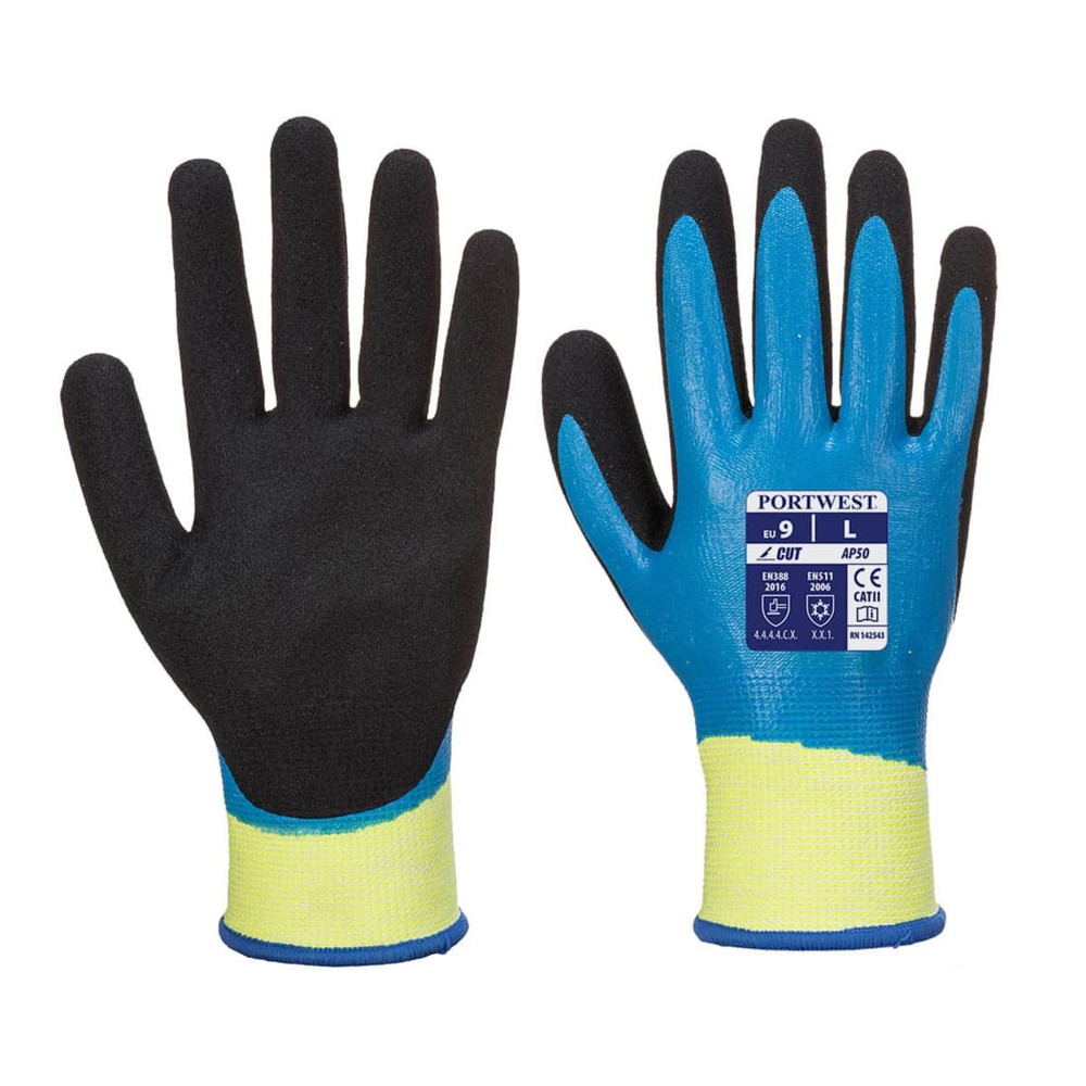A pair of gloves featuring a blue and black design with a yellow cuff, including branding on the wrist.