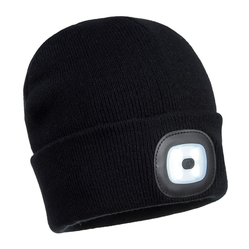 A black rechargeable LED beanie featuring a discreet light panel on the front and a fabric texture.