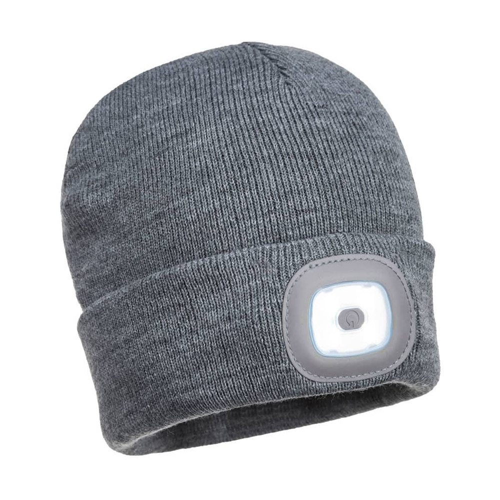 A grey knitted beanie featuring a built-in LED light, with a small logo on the side.