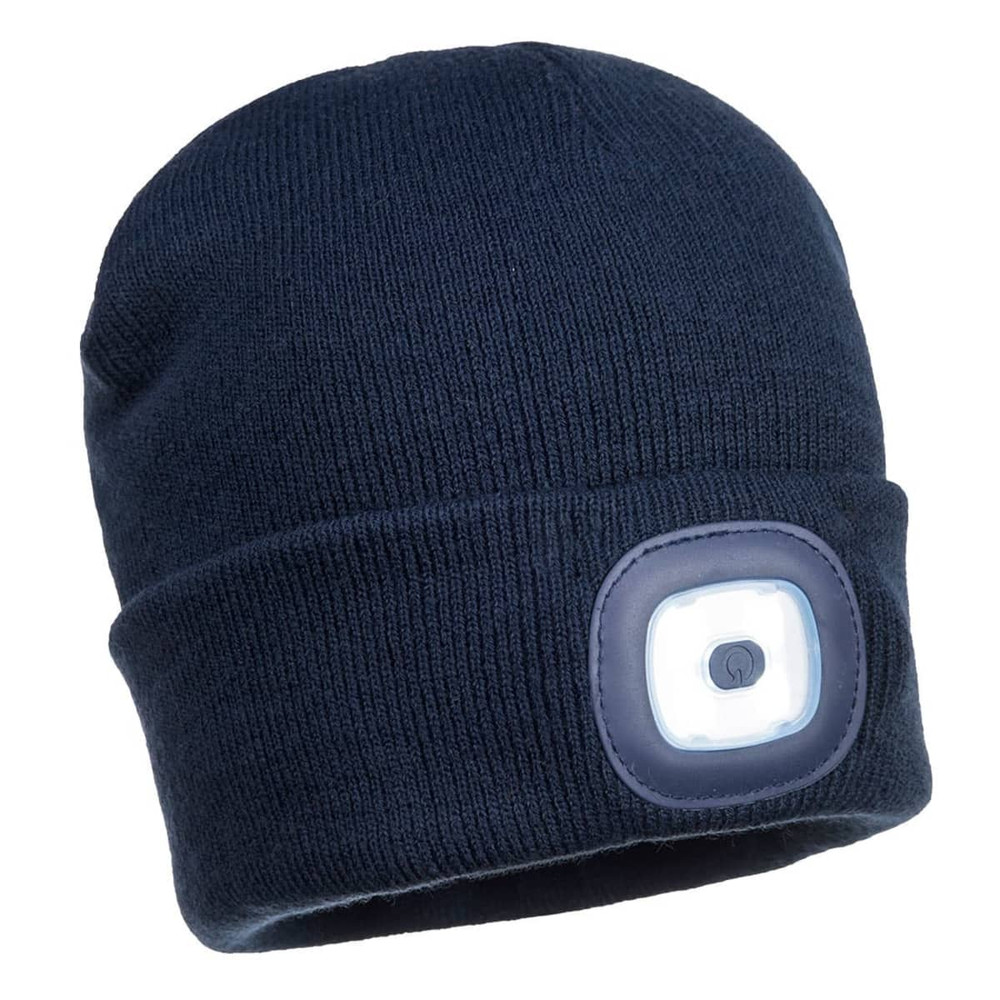 A navy blue beanie featuring a built-in rechargeable LED light and a branding logo.