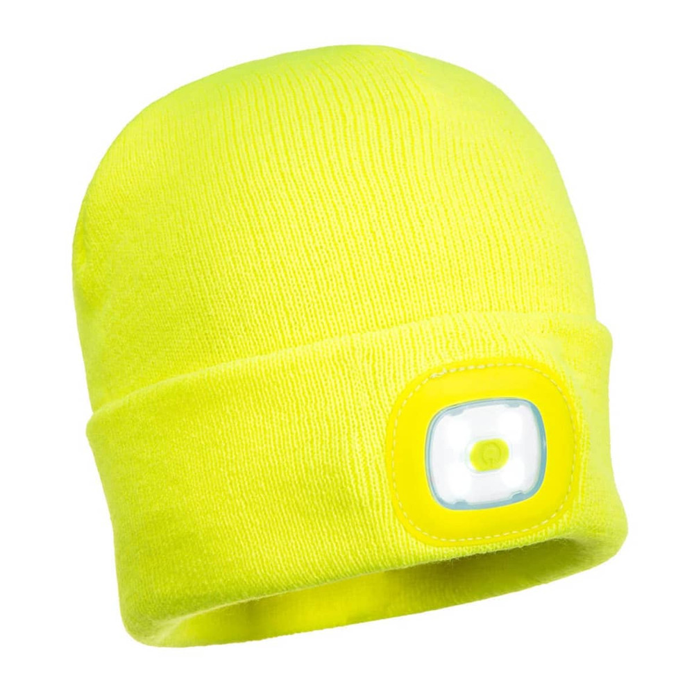 A bright yellow rechargeable LED beanie featuring a built-in light and logo. Ideal for outdoor activities.