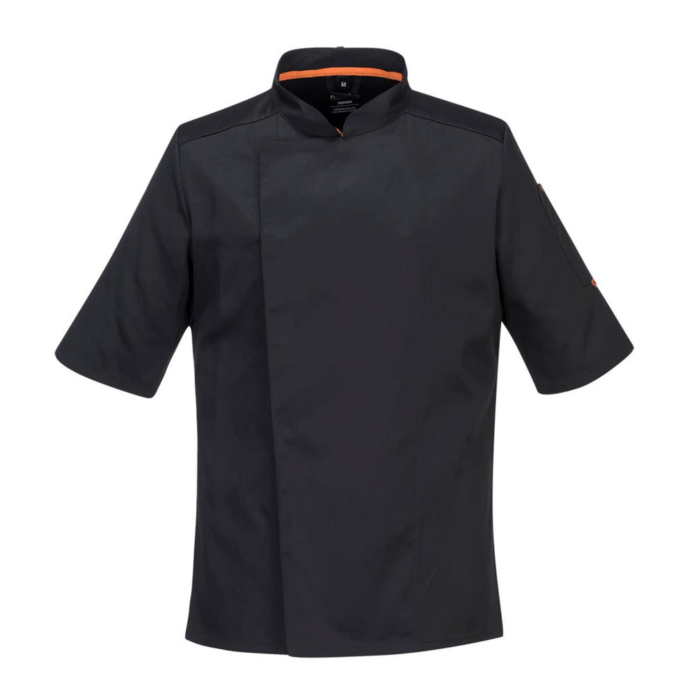 A black short-sleeved chef jacket with orange accents and a side logo.