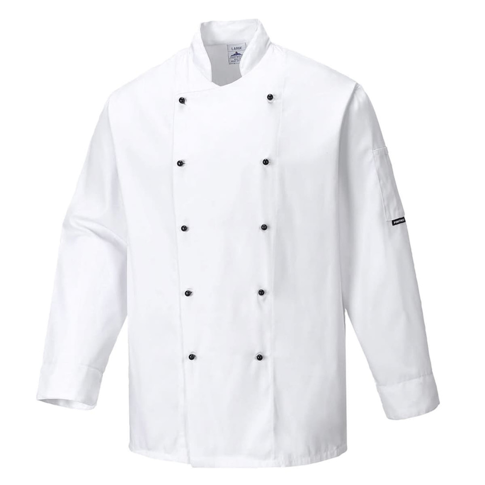 A white chef jacket with a double-breasted design and black buttons, featuring a logo on one sleeve.