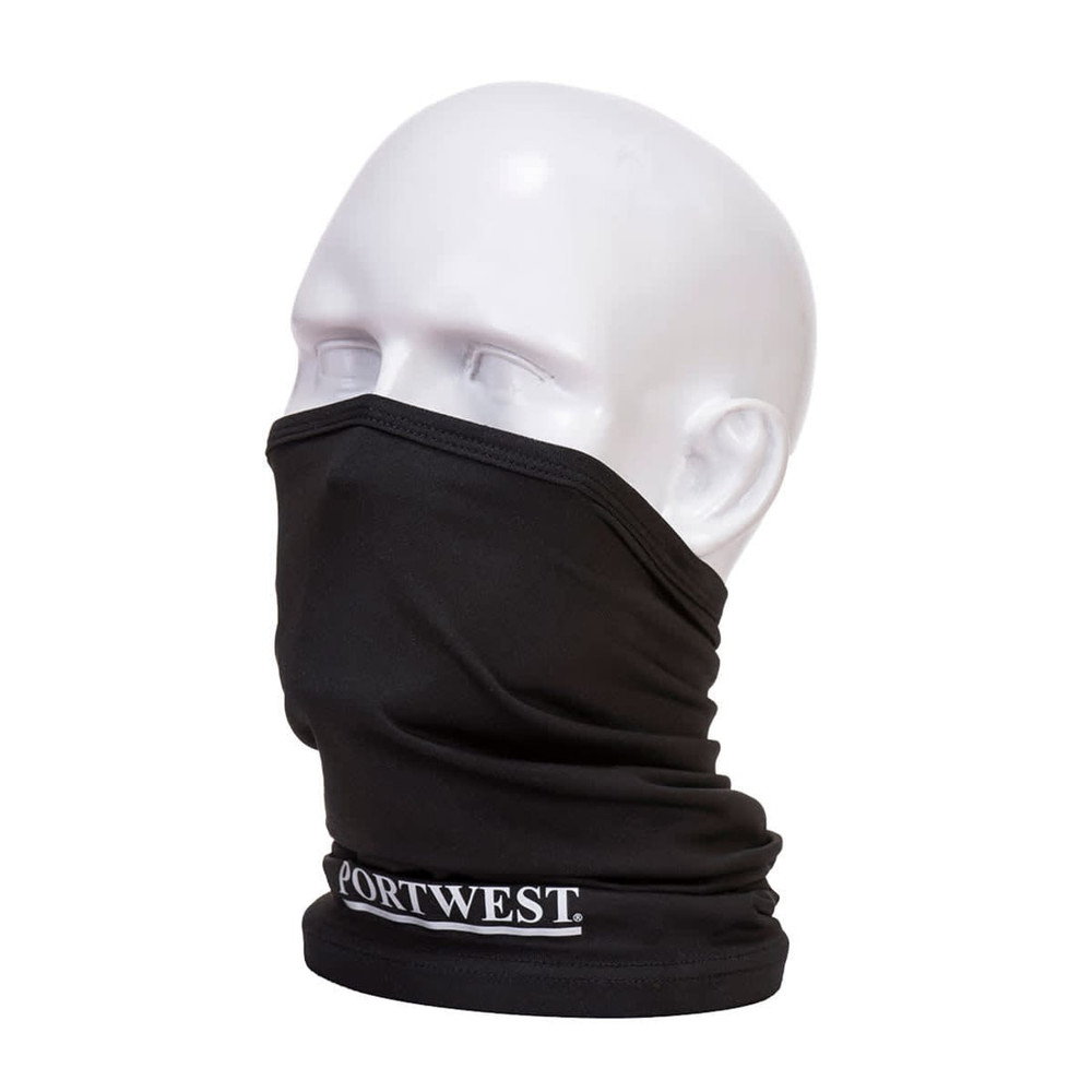 A multiway scarf in black displayed on a mannequin head, featuring a logo on the front.