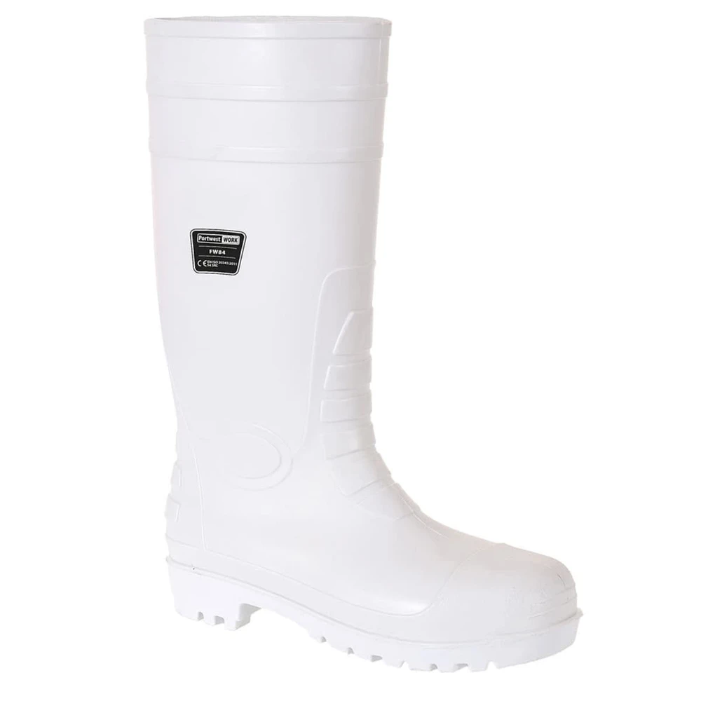 A pair of white waterproof boots with a textured sole and a branding label on the side.