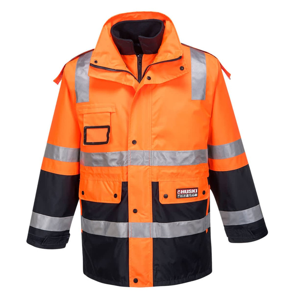 An orange and navy jacket featuring reflective strips, with multiple pockets and a logo.