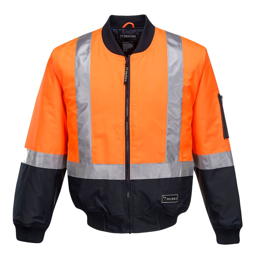 A high-visibility bomber jacket in bright orange with silver reflective stripes and black accents, featuring a logo.