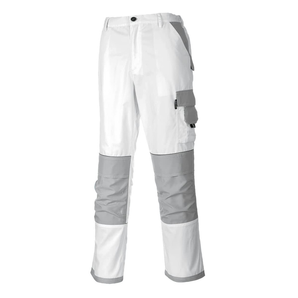 A pair of white trousers with grey accents, featuring multiple pockets and a relaxed fit.