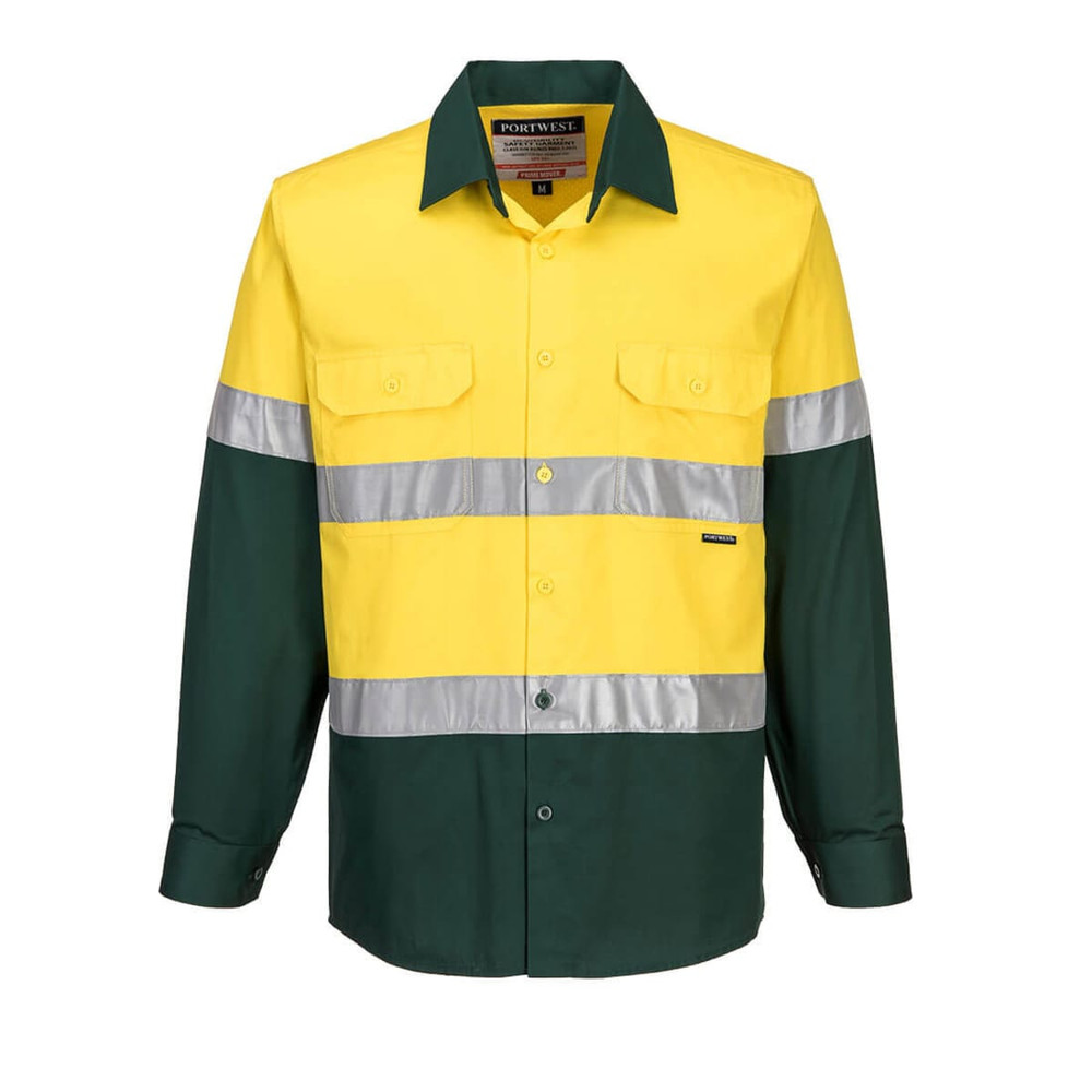 A long-sleeve lightweight shirt in yellow and green, featuring reflective stripes and a logo.