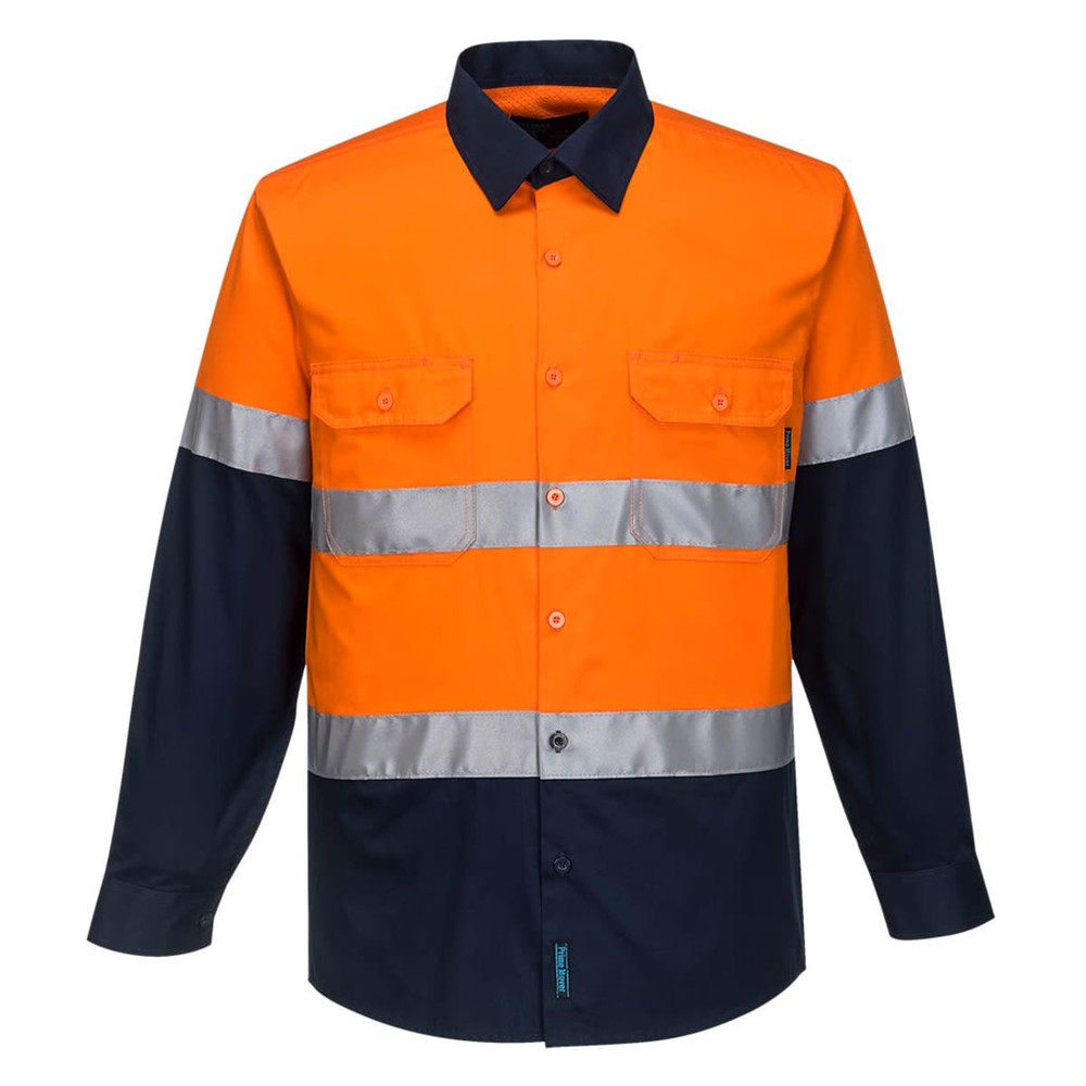 A long-sleeve shirt in orange and navy with reflective stripes and a logo. Features button-up front and pockets.