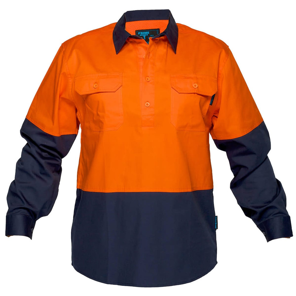 An orange and navy long-sleeve button-up shirt with a two-pocket design and branding.