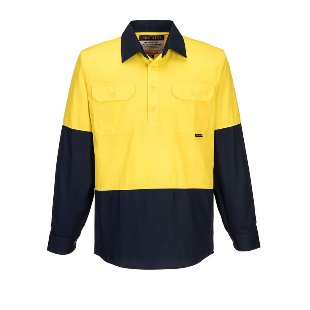A long-sleeved button-up shirt featuring a yellow and navy design with chest pockets and branding.