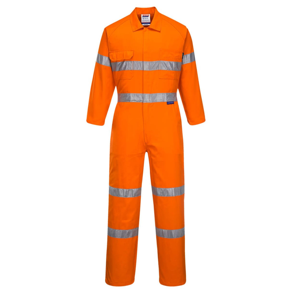 An orange flame retardant coverall with reflective strips, designed for safety and visibility. It includes a branding logo.