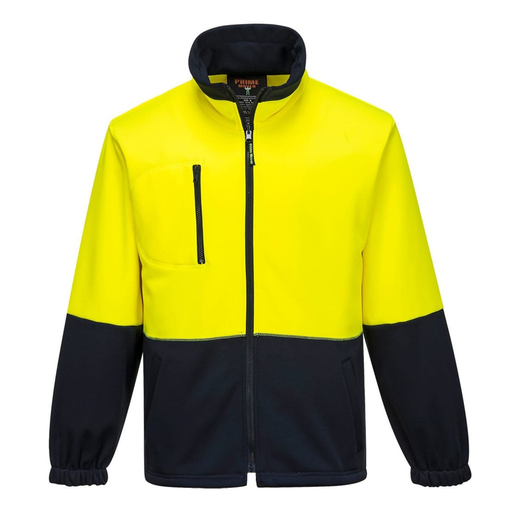 A bright yellow and navy fleece jumper featuring a zip front and a chest pocket, with an emblem on the collar.