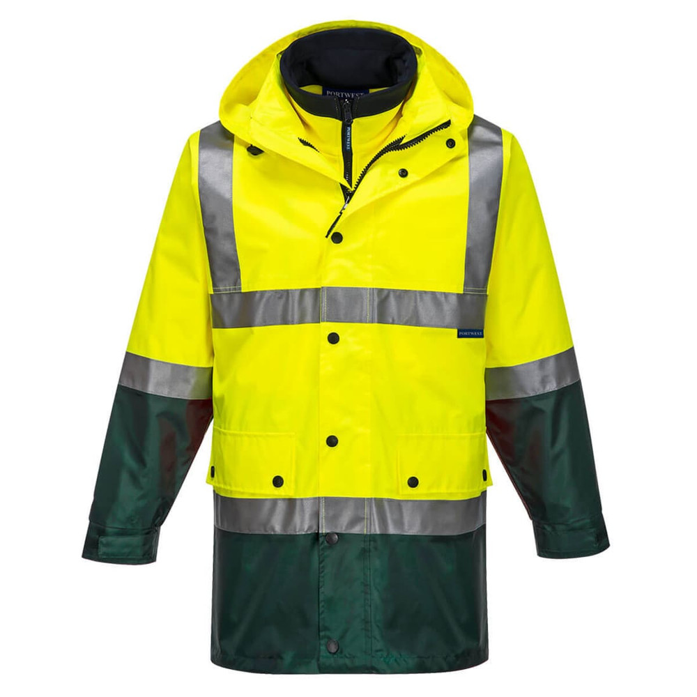 A hi-vis jacket in bright yellow with dark green accents and reflective strips, featuring a hood and front buttons.