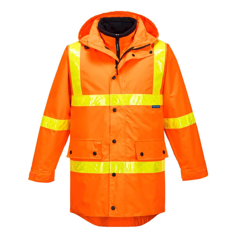 A bright orange Hi-Vis 4in1 jacket with reflective yellow stripes and a hood, featuring branding.