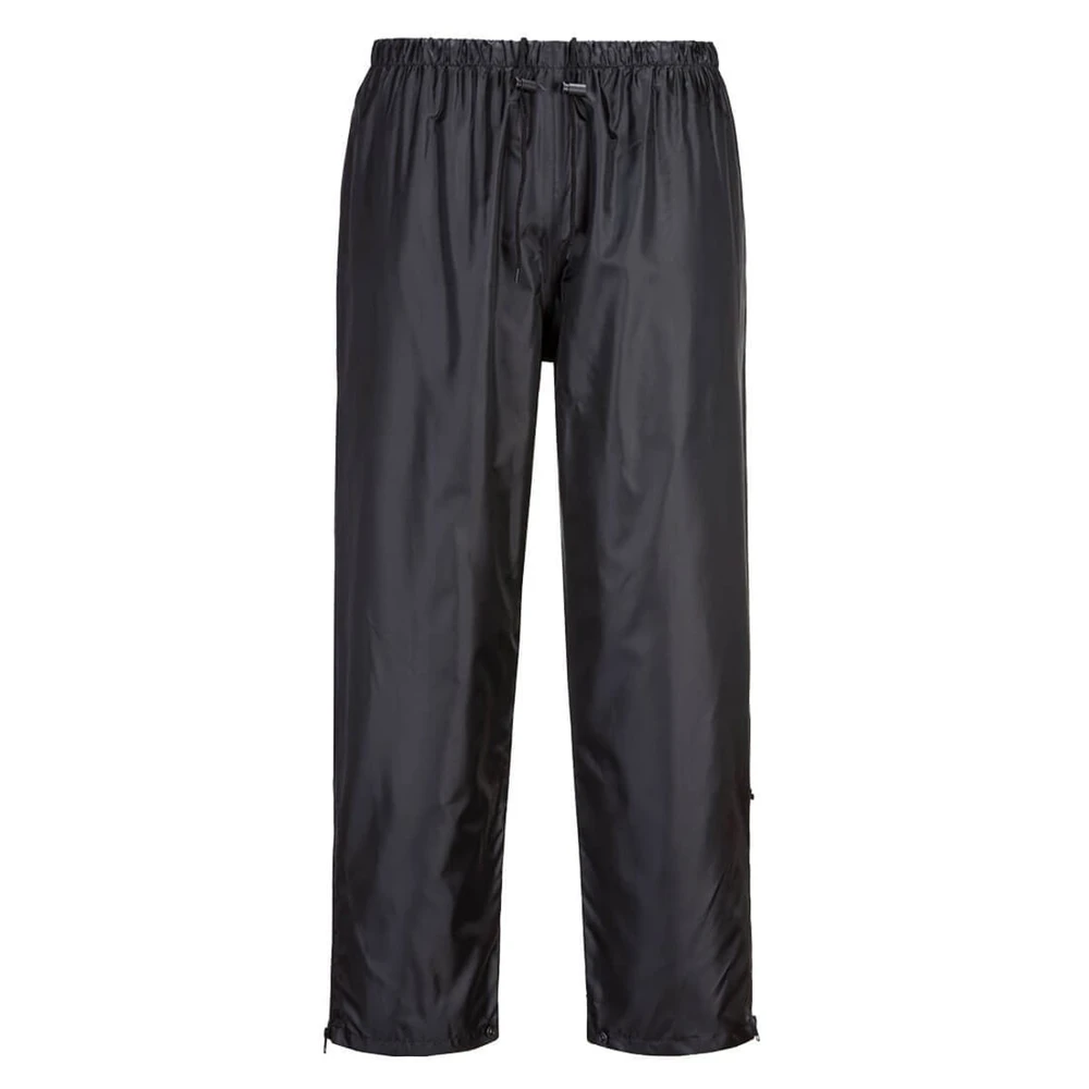 Wet weather leisure pants in black, featuring an elastic waistband and a logo. Ideal for outdoor activities.