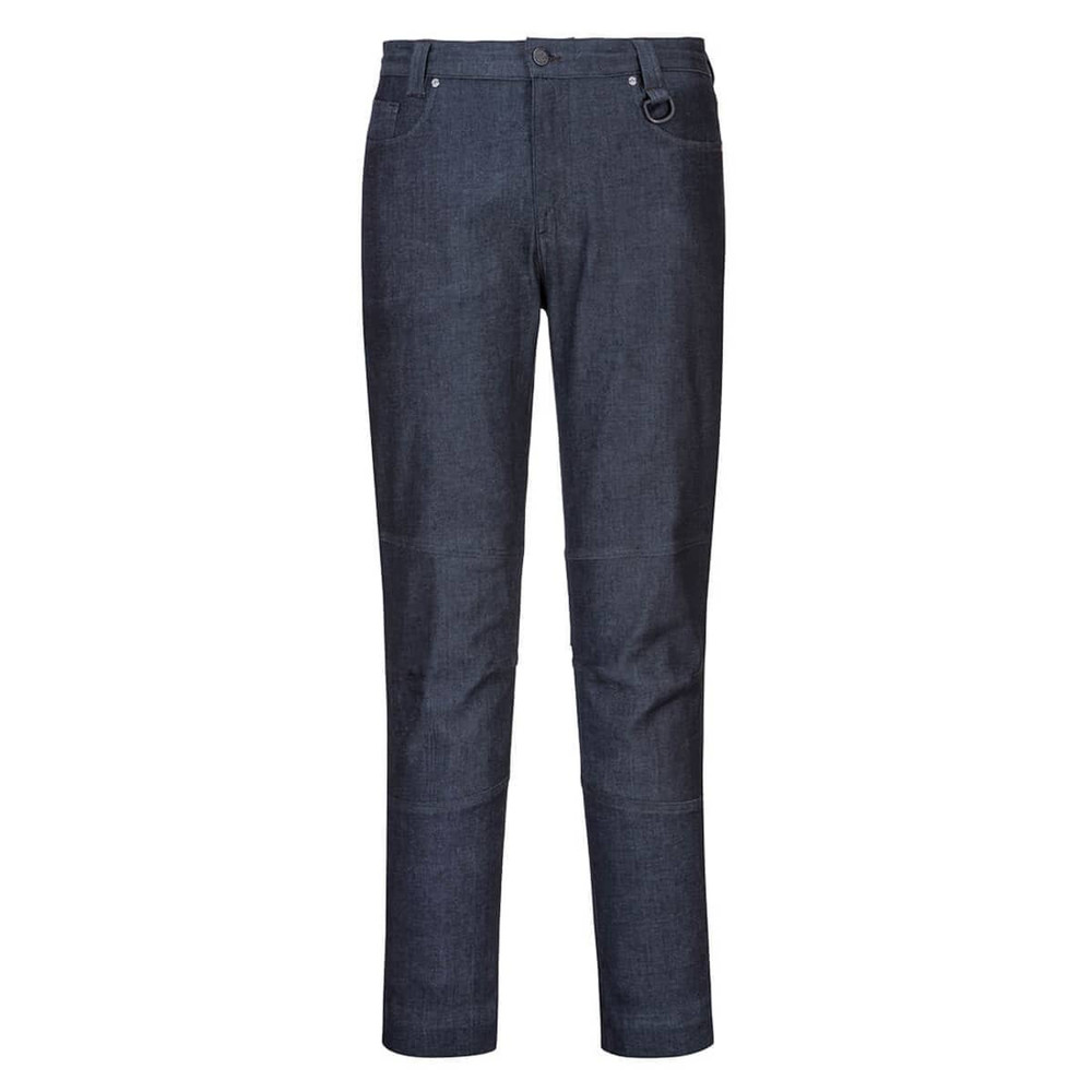 Denim slim fit work pants in dark blue with a classic five-pocket design and a belt loop. Features a logo.