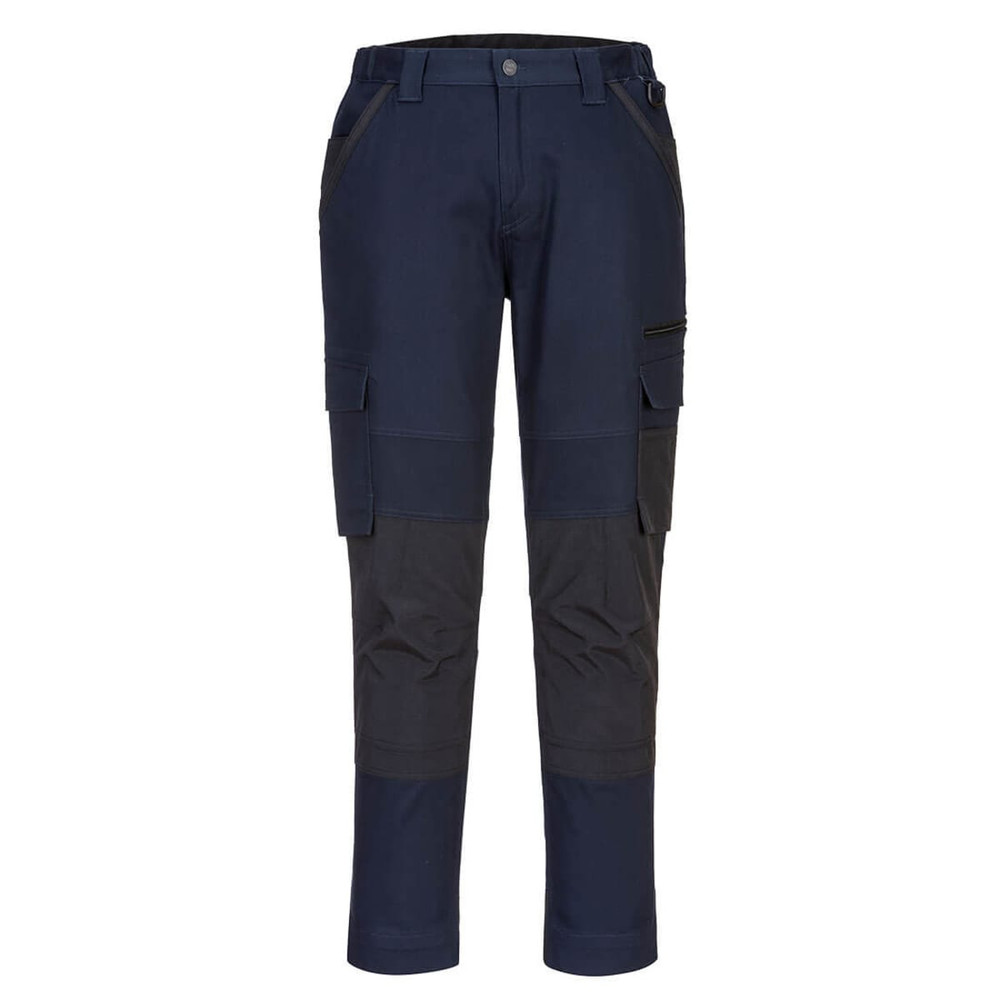 Navy blue pants with grey accents, featuring multiple pockets and a fitted design, displayed against a plain background.