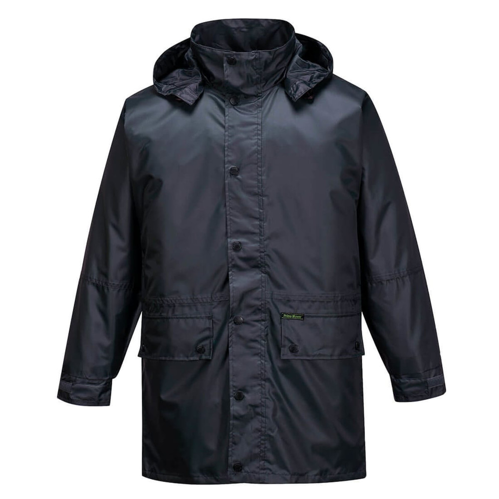 A black rain jacket featuring a hood and button-up front, with pockets and a logo.