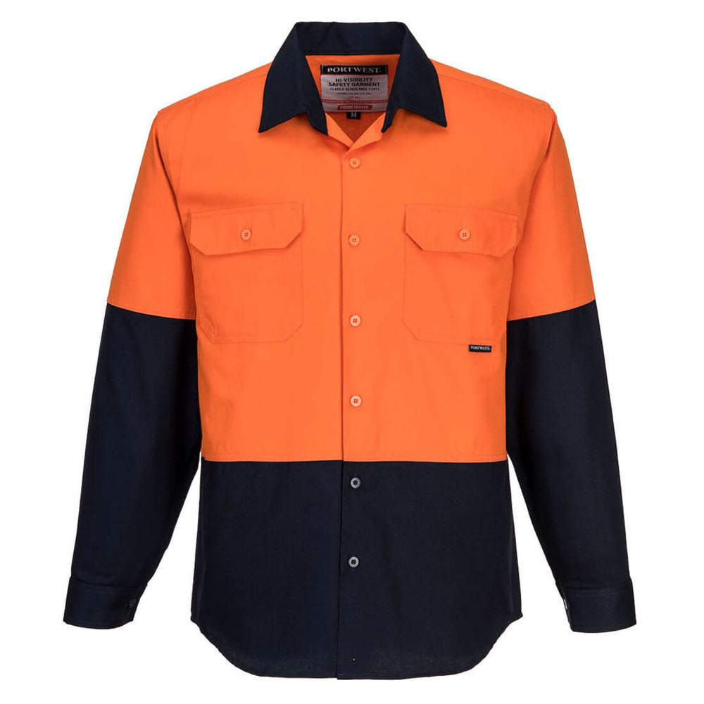 A long-sleeve cotton work shirt in vibrant orange and black, featuring two front pockets and a logo.