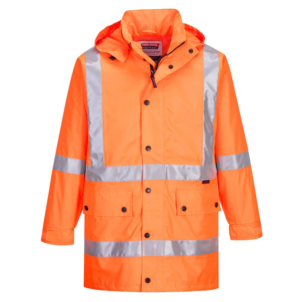 A bright orange rain jacket featuring reflective stripes, with a hood and multiple front pockets. It has a logo.