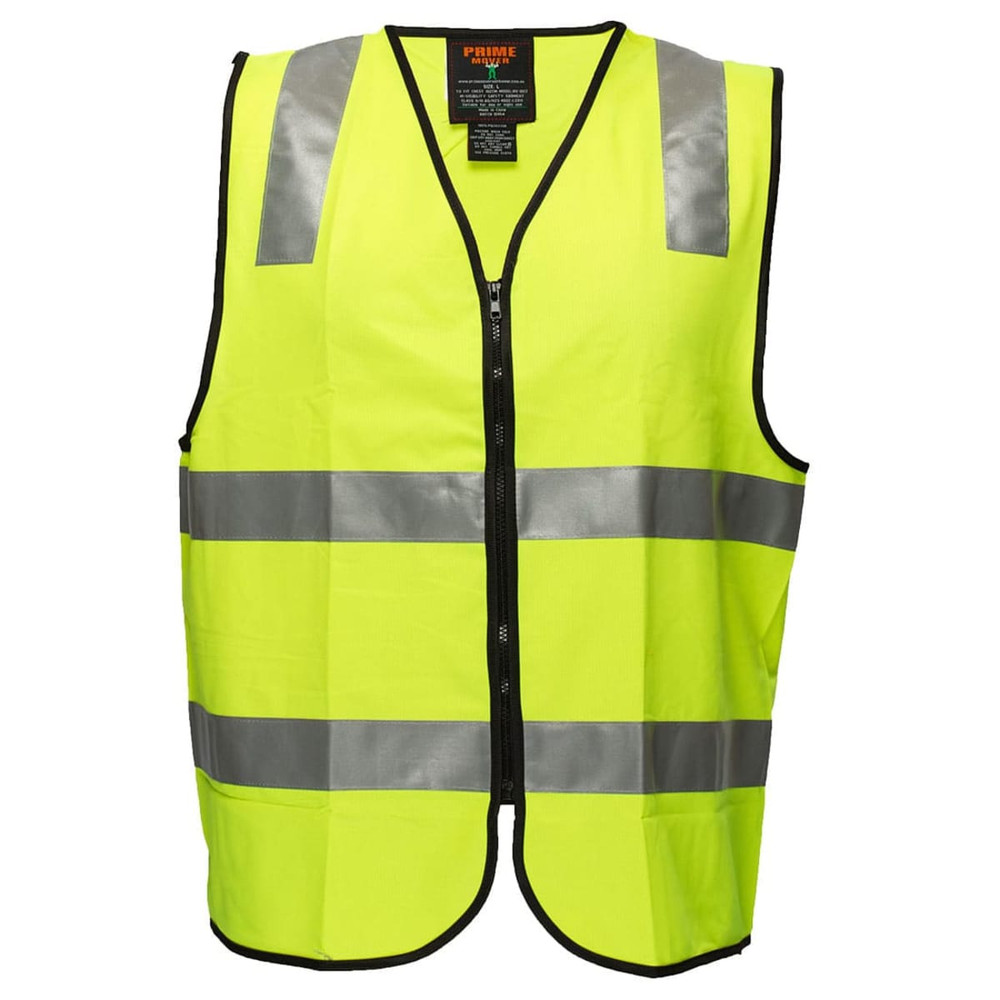 A high-visibility yellow zip vest featuring reflective strips, designed for safety wear. It includes a logo on the label.