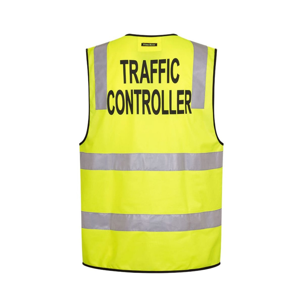 A bright yellow traffic control vest featuring reflective stripes and text. The vest has a branding logo.