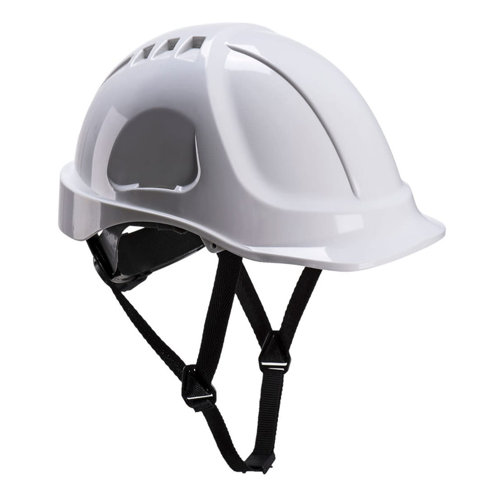A white helmet featuring ventilation slots and adjustable straps. It has a logo on the side.