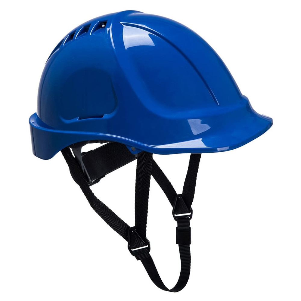 A blue safety helmet with adjustable straps and ventilation holes, featuring a logo on the side.