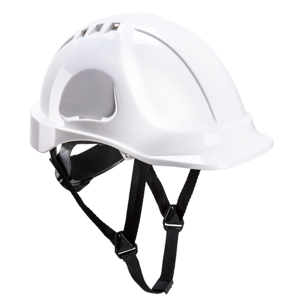 A white protective helmet with adjustable straps and ventilation holes. It features a logo on the side.