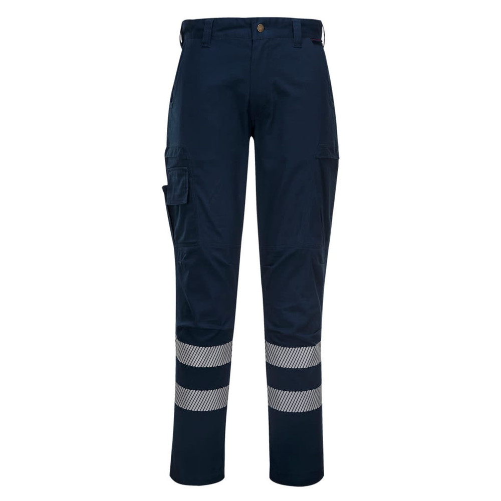 Navy work trousers featuring reflective stripes and multiple pockets, designed for durability and utility.