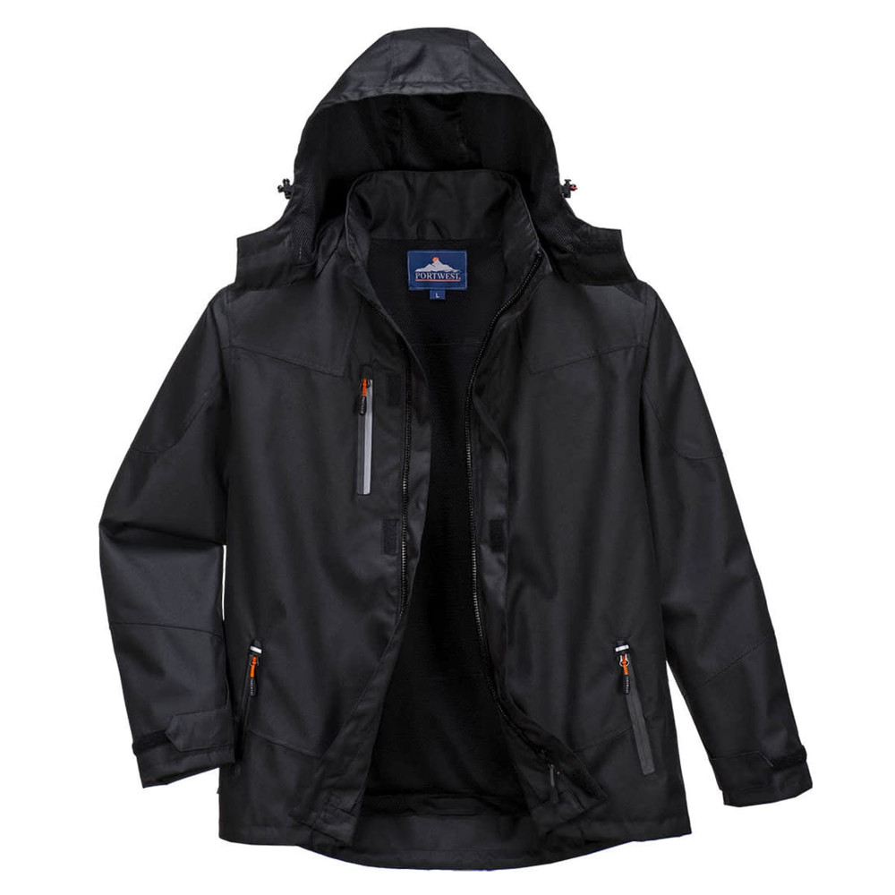 A black jacket with a hood, featuring zippered pockets and a branded logo tag inside.
