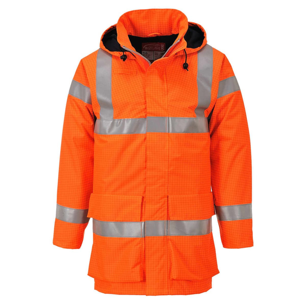 Bright orange rain jacket with reflective stripes and a hood. Features multiple pockets and a logo branding.