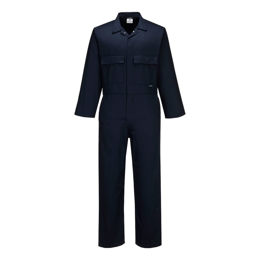 A navy polycotton coverall featuring long sleeves and two front pockets, with a logo present.