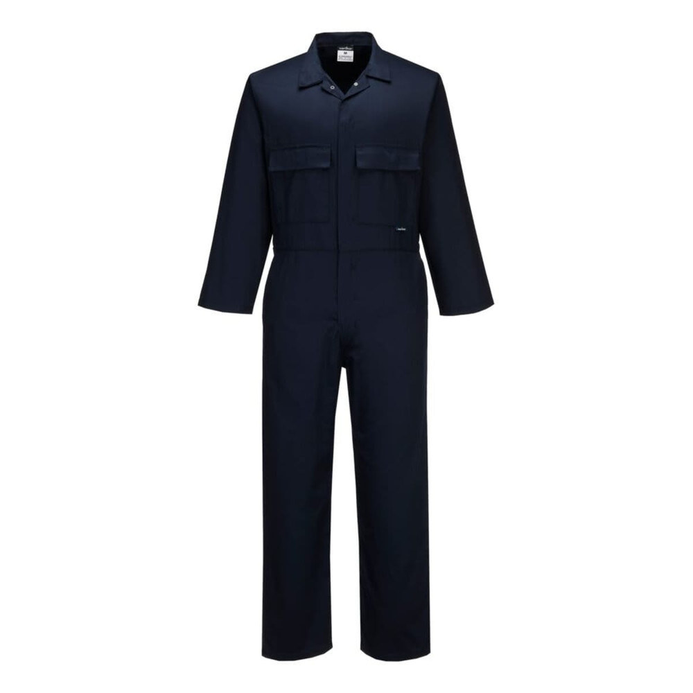 A navy polycotton coverall with long sleeves and two chest pockets, featuring a logo on the chest.