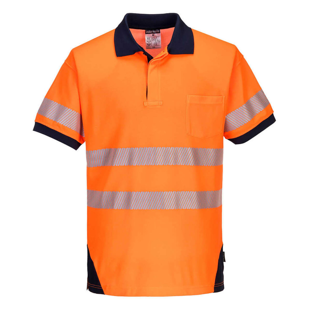 A bright orange polo shirt with navy blue accents and reflective strips, featuring a pocket and a logo.
