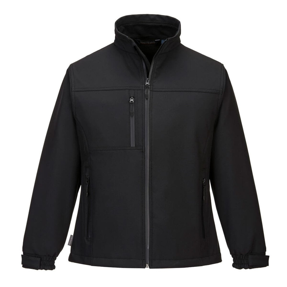 A black soft shell jacket with multiple zip pockets and a high collar. Features a logo on the chest.