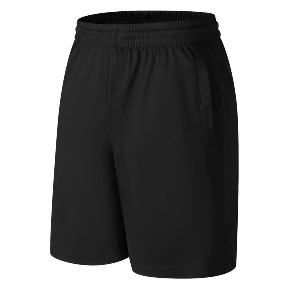 Black sports shorts with an elastic waistband and side pockets, featuring a logo on the side.